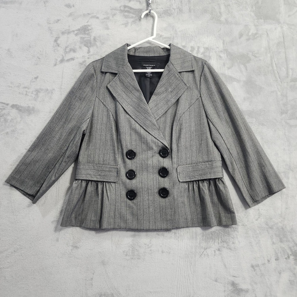Vintage Portrait Blazer Women 12 Gray Metallic Striped Herringbone Peplum Preppy